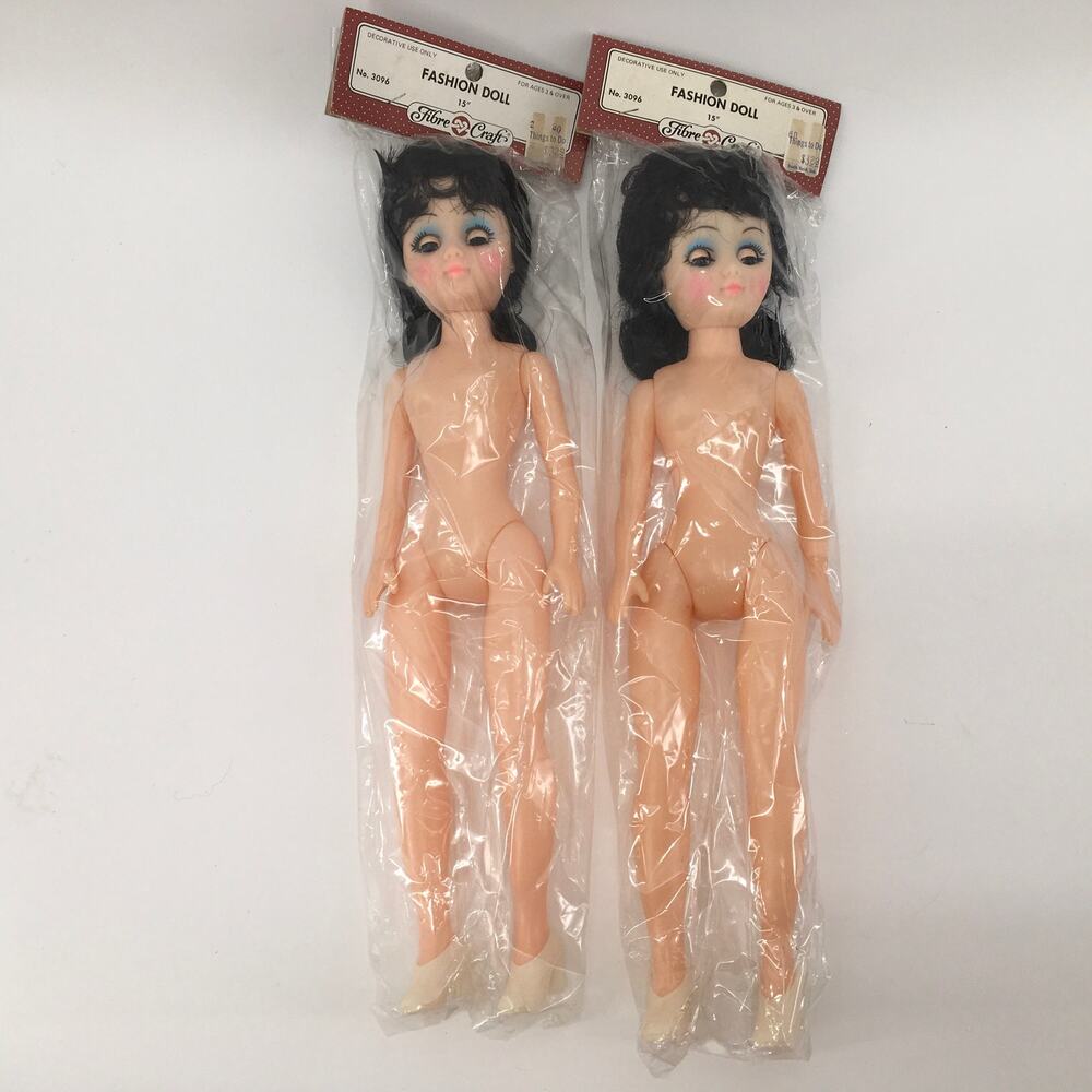 Vintage Fibre-Craft 15" Fashion Doll Black Hair Blue Blinking Eyes 3096 Lot of 2